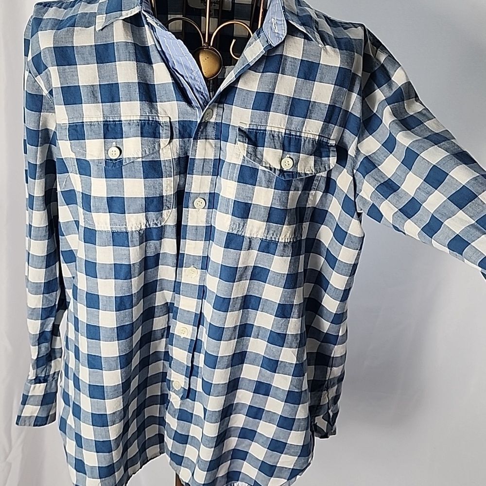 Americana Madewell Linen Blend Blue & White Gingham Plaid Workshirt Size XS